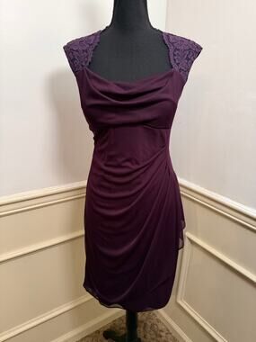 Vintage Y2K Xscape by Joanna Chen Purple Lace Cap Sleeve Ruched Cocktail Dress